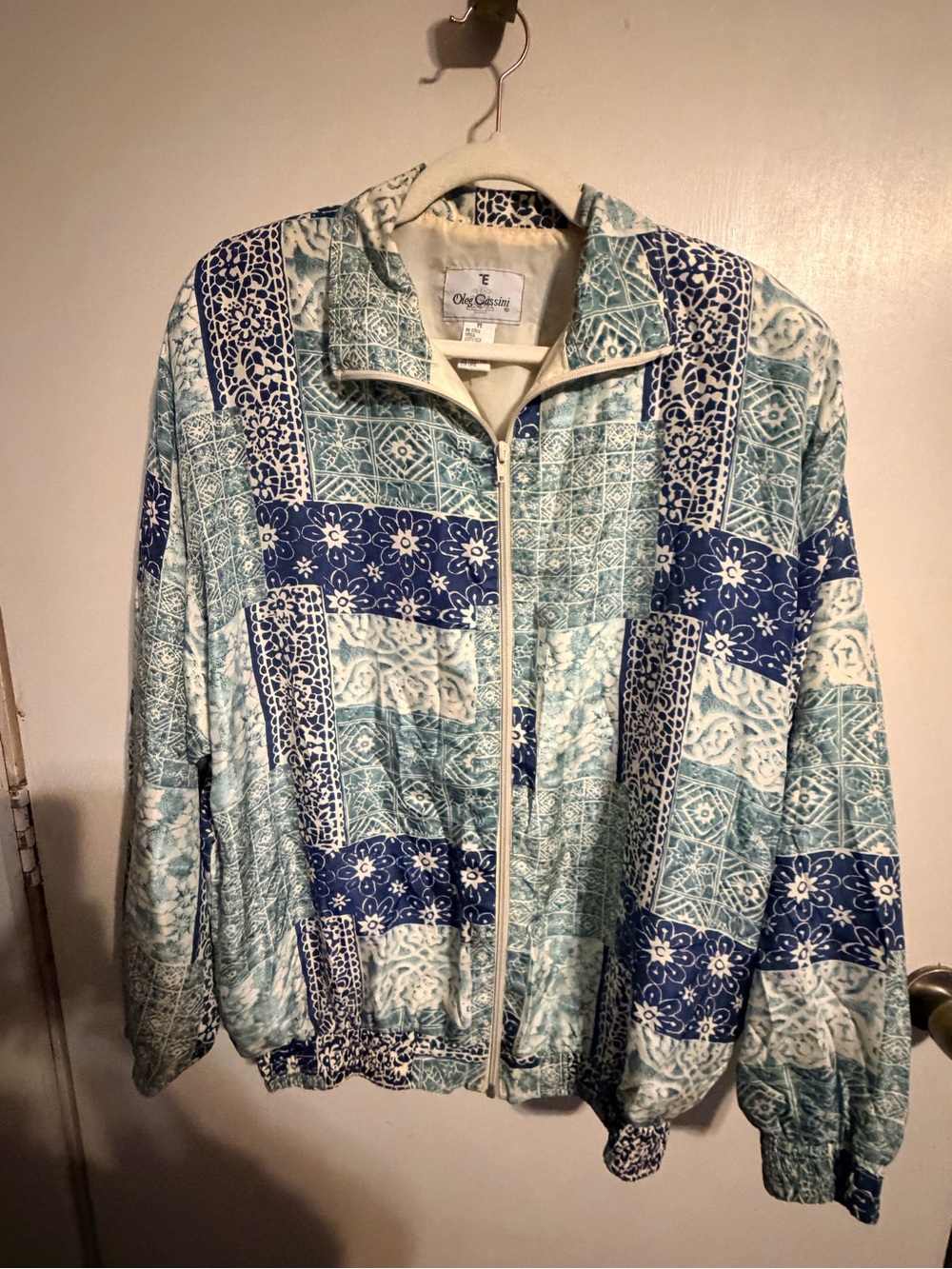 Vintage Oleg Cassini 100% Silk Patchwork Bomber Jacket Blue Teal Zip Medium - Picture 3 of 12